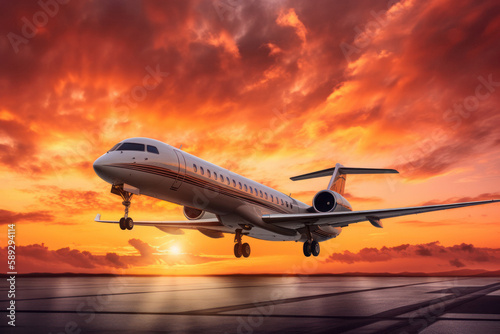 Private Jet Soaring through Vibrant Sunset