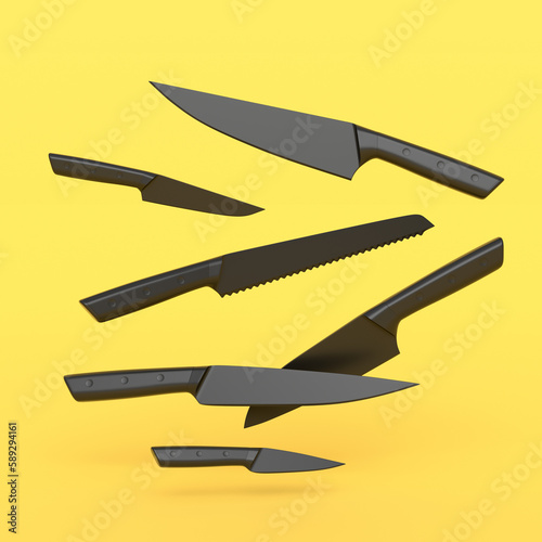 Set of fluing chef kitchen knives with a wooden handle on monochrome background.