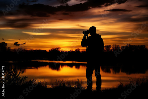 Male Photographer Silhouette Capturing Sunset in Nature