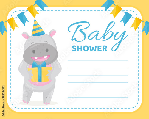 Cute Hippo Character with Gift Box Empty Baby Shower Card Vector Template
