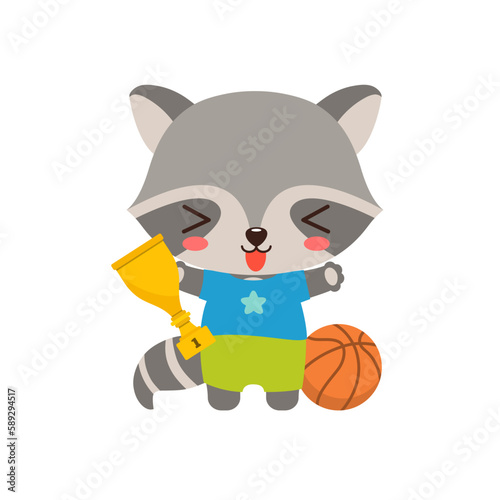 Cute raccoon athlete holding award sport cup. Cartoon raccoon basketball player school child. Animal kawaii raccoon elementary student. PE school subject. Little champion sport trophy winner. © Cute Design