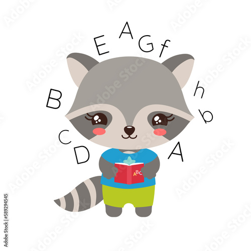 School student raccoon holding a textbook. Elementary pupil little raccoon kawaii animal. English language abc learning. Primary school subject vector. Education clipart. Teachers resources.