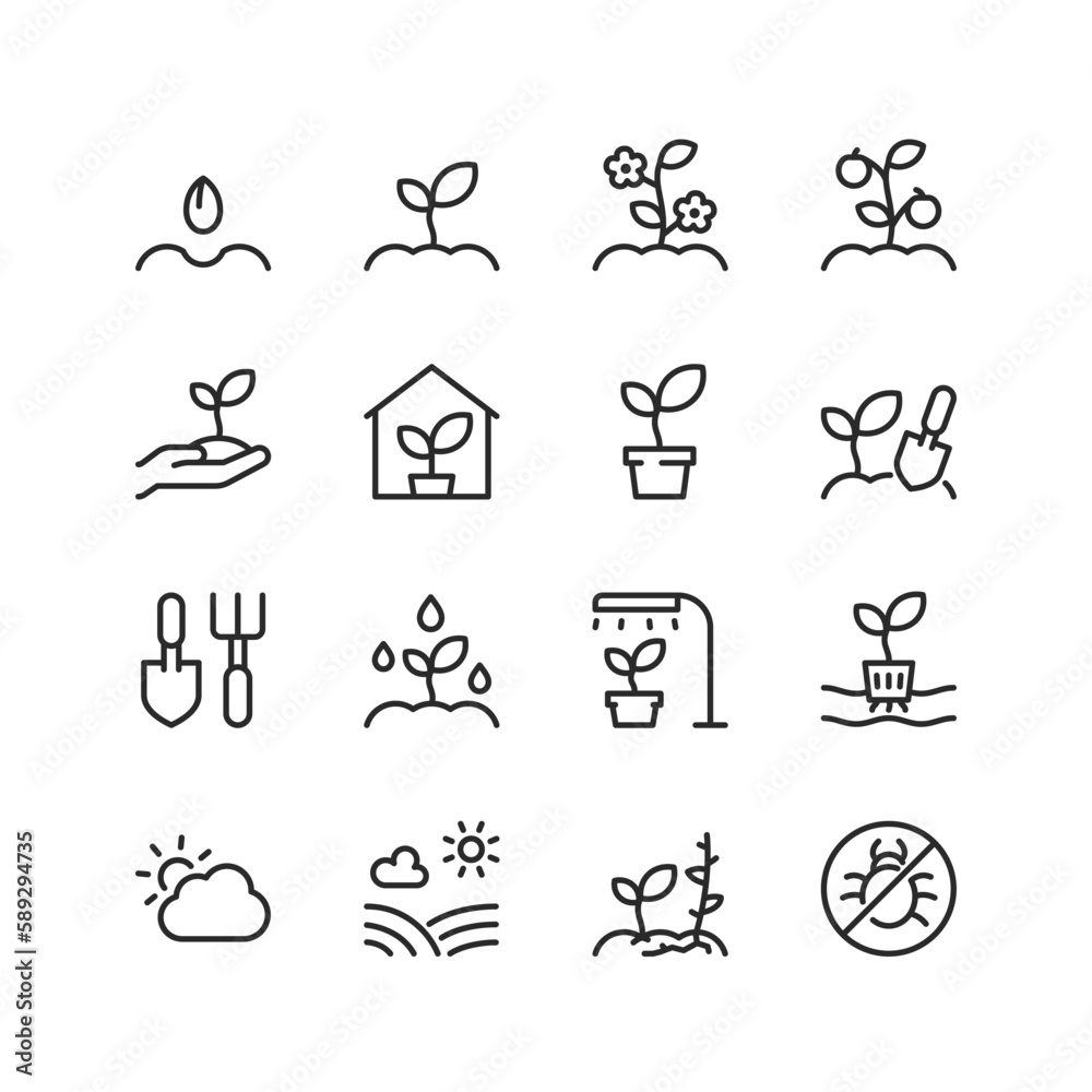 Sprout plant, Care and growing the plant, linear style icons set. Sowing crops, horticulture. Fruit growing. Editable stroke width Sprout plant, Care and growing the plant, linear style icons set. Sowing crops, horticulture. Fruit growing. Editable stroke width