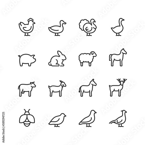 Farm Animals  linear style icons set. Animals that are raised on a farm  an animal for dairy products  eggs and meat. Editable stroke width