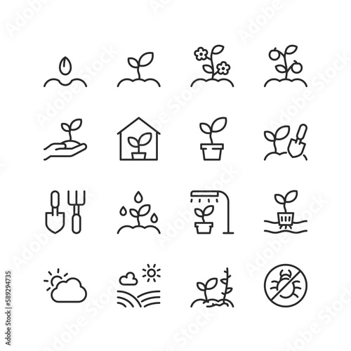 Sprout plant, Care and growing the plant, linear style icons set. Sowing crops, horticulture. Fruit growing. Editable stroke width