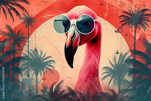 flamingo with sunglasses and palms, surreal abstract collage with a vintage style, 60s retro style. Generative AI