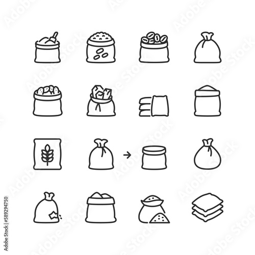 Sack, bag linear style icons set. Bag of grains, gems, coffee, flour, rice, and other cereals. Storage bags. Editable stroke width