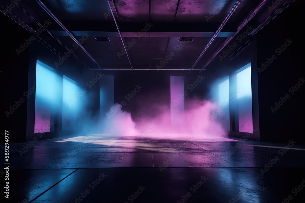 The dark stage shows, empty dark blue, purple, pink background, neon light, spotlights. AI generated