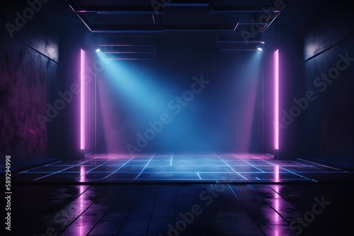 The dark stage shows  empty dark blue  purple  pink background  neon light  spotlights. AI generated