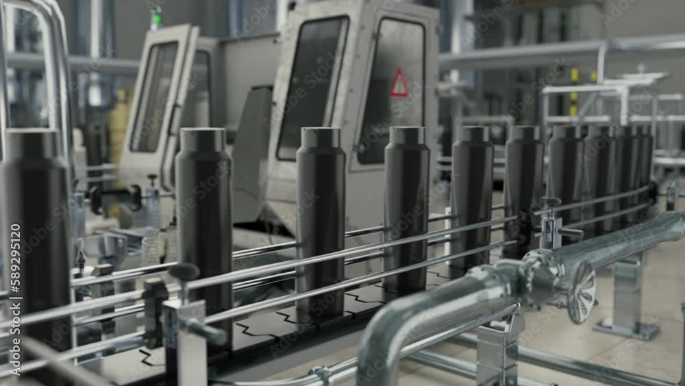 Factory production of the black shampoo plastic bottles. Production process of the plastic bottles for hair care goods. Automated equipment deals with the plastic bottle production. Conveyor line. Factory production of the black shampoo plastic bottles. Production process of the plastic bottles for hair care goods. Automated equipment deals with the plastic bottle production. Conveyor line.