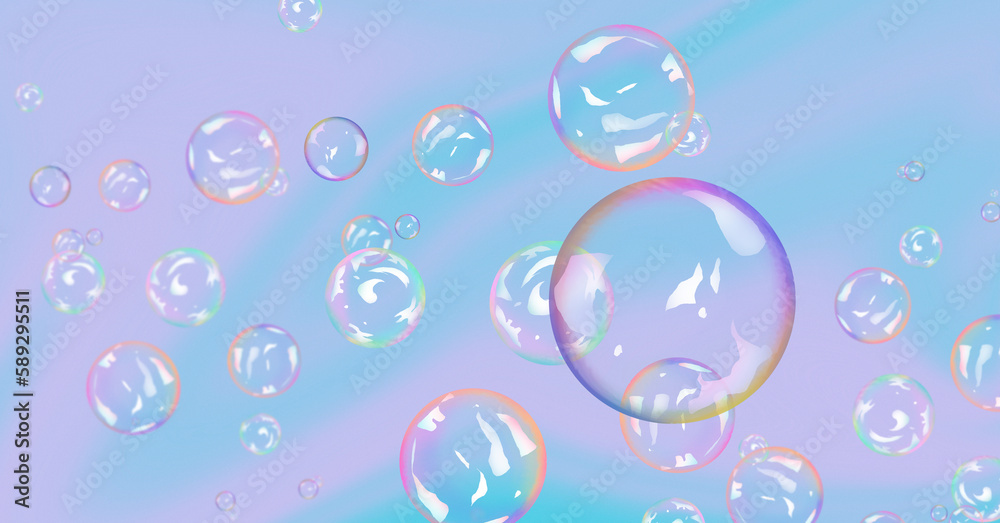 A lot of colorful bubbles on a wavy violet-blue background.
