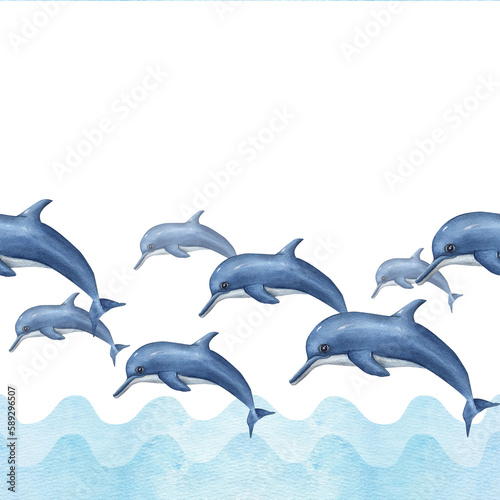 Flock of swimming dolphins in cartoon style with abstract waves isolated on white background. Watercolor illustration for template  greeting card design  wrapping  scrapbooking  print
