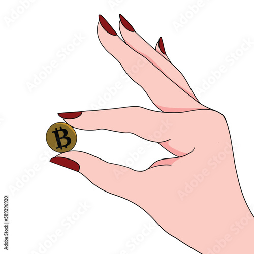 Woman's hand pinching a bitcoin vector illustration
