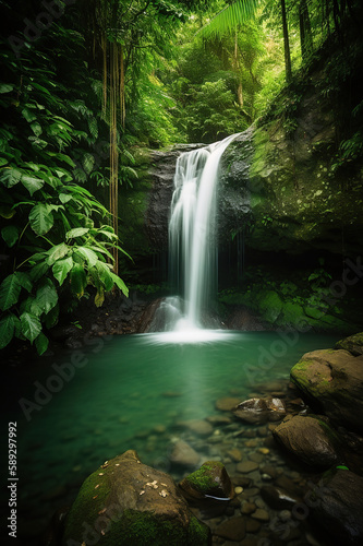 The vibrant green foliage of the tropical forests provides the perfect backdrop to the stunning beauty of the waterfall. Generative Ai