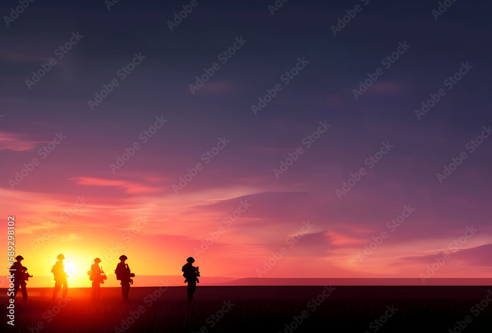 military training  men Special Forces soldier stands  after the war on the battlefield sunset, digital art style, illustration painting. Realistic concept art. Cartoon digital art for games, realistic