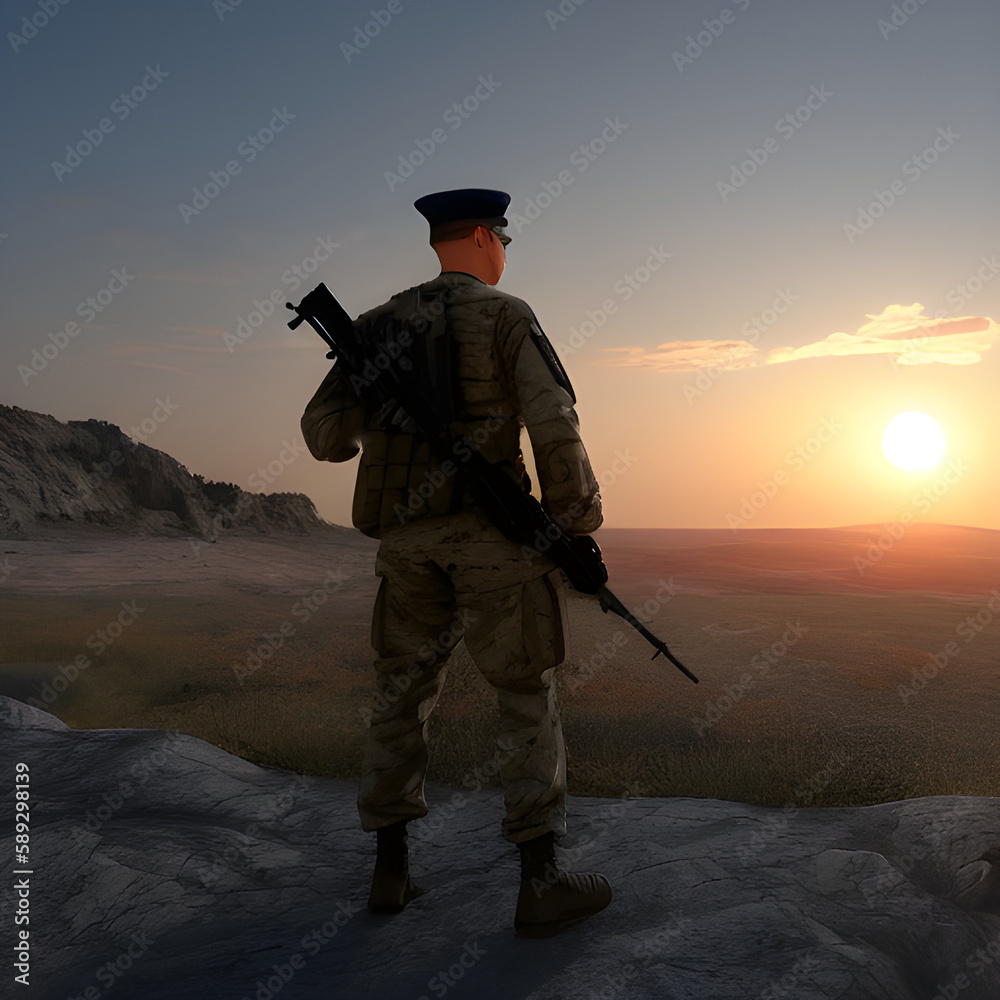 military training man Special Forces soldier stands after the war on the battlefield sunset, digital art style, illustration painting. Realistic concept art. Cartoon digital art for games, realistic military training man Special Forces soldier stands after the war on the battlefield sunset, digital art style, illustration painting. Realistic concept art. Cartoon digital art for games, realistic