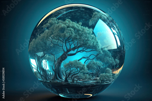 Fantasy Illustration of Ecosphere in a Blue Circular Transparent Sphere