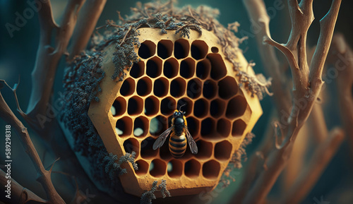 Bees collect honey in honeycombs. Bee hive with honey. Art composition. Created with AI.