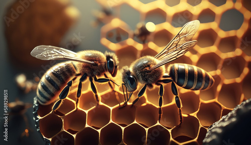 Bees collect honey in honeycombs. Bee hive with honey. Art composition. Created with AI. © Ренат Хисматулин