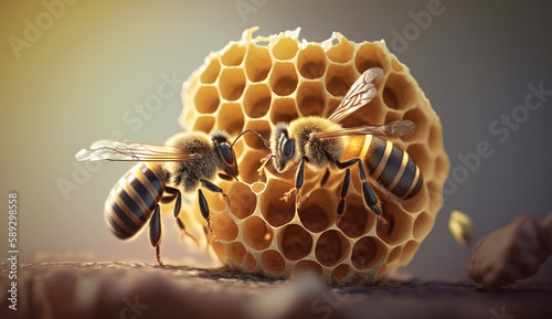 Bees collect honey in honeycombs. Bee hive with honey. Art composition. Created with AI. © Ренат Хисматулин