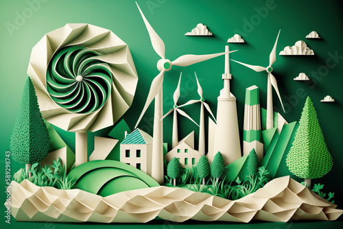 paper art of a green city and wind turbine Green on planet on green background - Generative AI photo