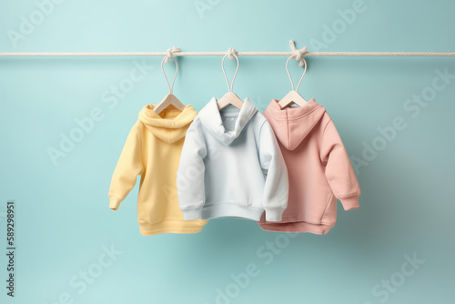 Three small hoodies in pastel colors hang on line hanger in a row. Background of a mint-colored wall.  Creative concept for a children's clothing store, children's fashion banner. Generative AI © SnowElf