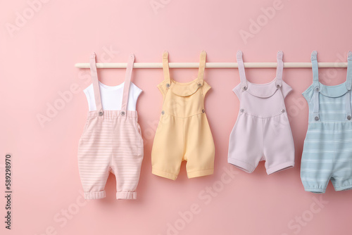 Children overalls clothes in pastel colors on white line hanger in a row. Background of a pink colored wall.  Creative concept for a children's clothing store, children's fashion banner. Generative AI © SnowElf