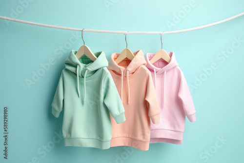 Three baby hoodies in pastel colors on line hanger in a row. Background of a blue colored wall. Creative concept for a children's clothing store, children's fashion banner. Generative AI