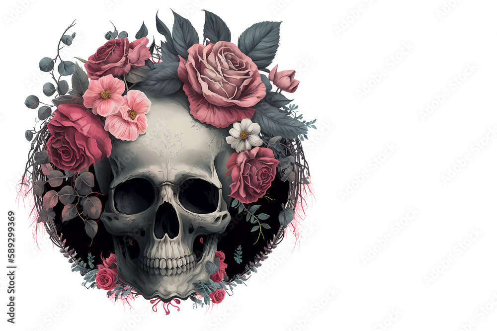 Skull in roses in flowers on a white background. Watercola. Banner. Generative AI Skull in roses in flowers on a white background. Watercola. Banner. Generative AI