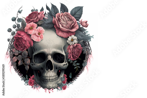 Skull in roses in flowers on a white background. Watercola. Banner. Generative AI photo