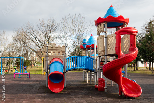 children's playground made of plastic material in the city , harmful plastic used in children's playgrounds