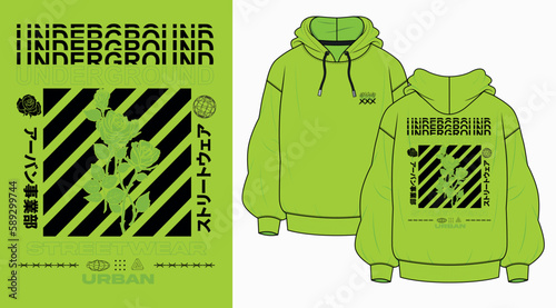 hoodie trendy urban elements, graphic forms of brutalism, emblems of criminal urban life, abstract geometric shapes for merch, t-shirt, typography and prints. Acid, brutalism, subway. Vector