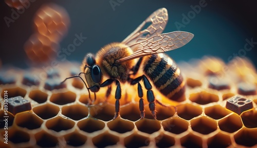 Honeybee on honey comb closeup shot, generative AI photo