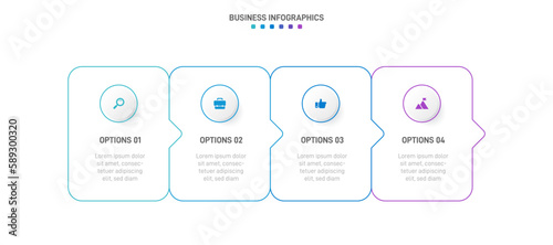 Timeline infographic with infochart. Modern presentation template with 4 spets for business process. Website template on white background for concept modern design. Horizontal layout.