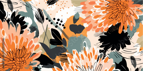 Abstract cute botanical contemporary patten. Hand drawn floral print. Leaves vector texture. Card background print. Retro wallpaper ornament. Tropical cartoon style banner. Fashion design garden art 