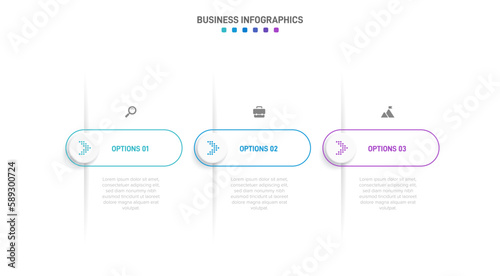 Timeline infographic with infochart. Modern presentation template with 3 spets for business process. Website template on white background for concept modern design. Horizontal layout. photo