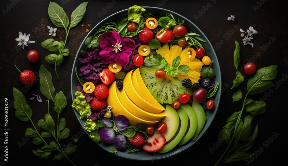 Vegan Buddha Bowl: Sweet Potatoes, Blueberries, Avocados, Cabbage and Orange. Dietary food. Top view. Free space for your text.Generative AI.