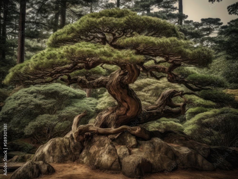 A majestic and timeless view of a pine tree in a Japanese garden A majestic and timeless view of a pine tree in a Japanese garden