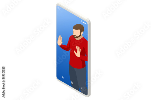 Isometric male prisoner, trapped in the phone. Pathological addiction to social networks, videos, news. The person has got phone addiction, FOMO, and device bad habit.