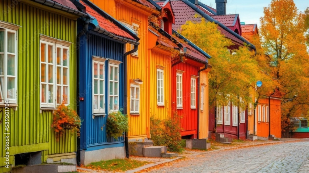 Colorful facade of traditional northern european houses. Generative AI illustration. 