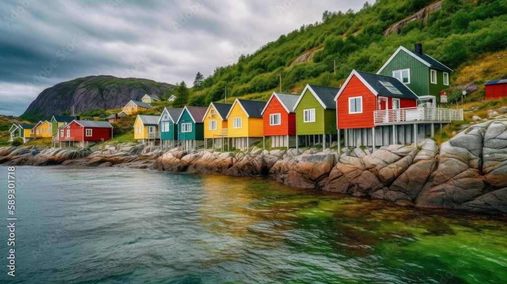 Traditional scandinavian houses of many colors bordering a lake. Generative AI illustration.