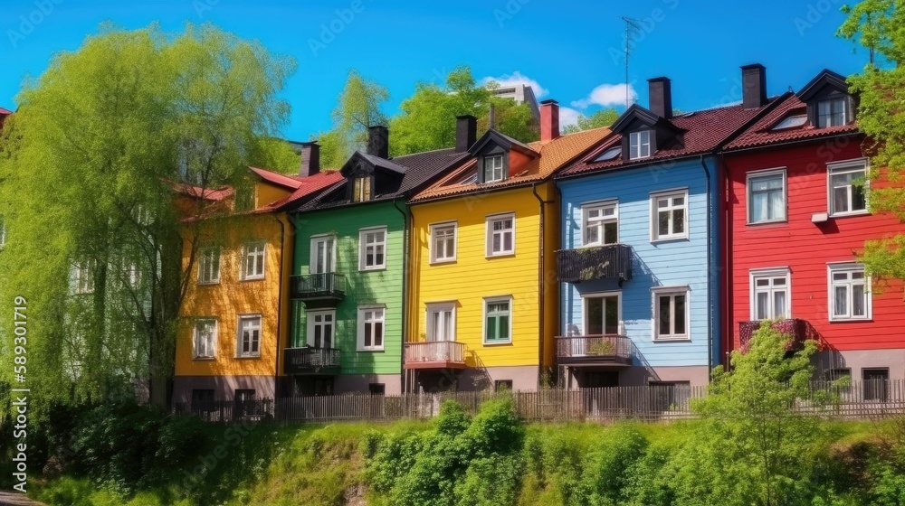 Colorful houses facade in a norwegian style. Generative AI illustration.