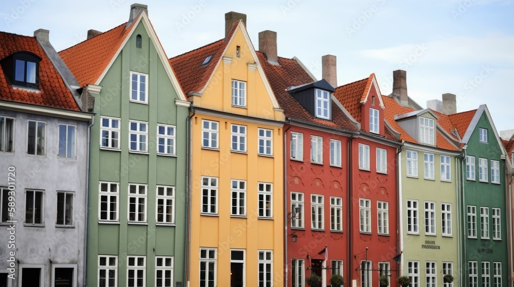 Traditional colorful facades of houses in Norway. Generative AI illustration.