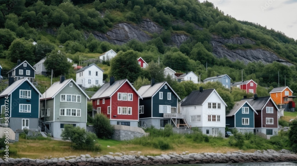 Colorful traditional swedish houses in the mountains. Generative AI illustration.