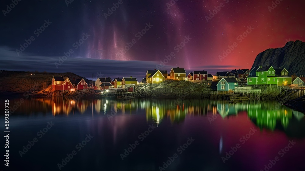 Northern lights over a coastal city in Norway at night. Generative AI illustration. Northern lights over a coastal city in Norway at night. Generative AI illustration.
