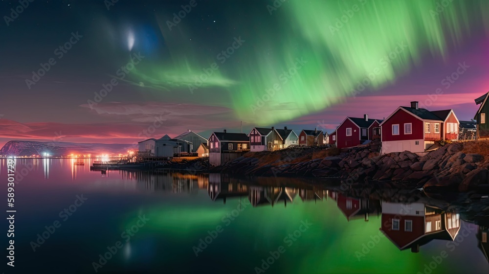 Night landscape of a coastal northern city with colorful traditional scandinavian houses. Aurora borealis over a village. Generative AI illustration. 
