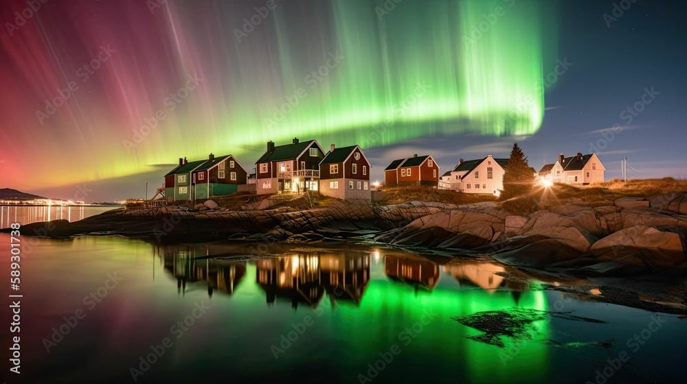 Panorama of an aurora borealis over a scandinavian coastal city white colorful houses. Generative AI illustration.