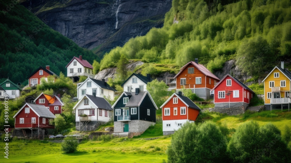 Colorful traditional scandinavian houses in the mountains. Generative AI illustration.