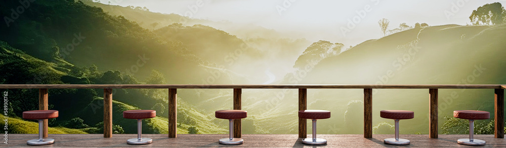 Fototapeta premium A restaurant or coffee shop has a mountainous landscape and some morning mist. The sunlight on the top of the hill. Balcony or terrace Plank floors and long tables made of wood and timber.3d Rendering