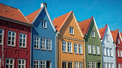 Colorful facade of traditional northern european houses. Generative AI illustration. 